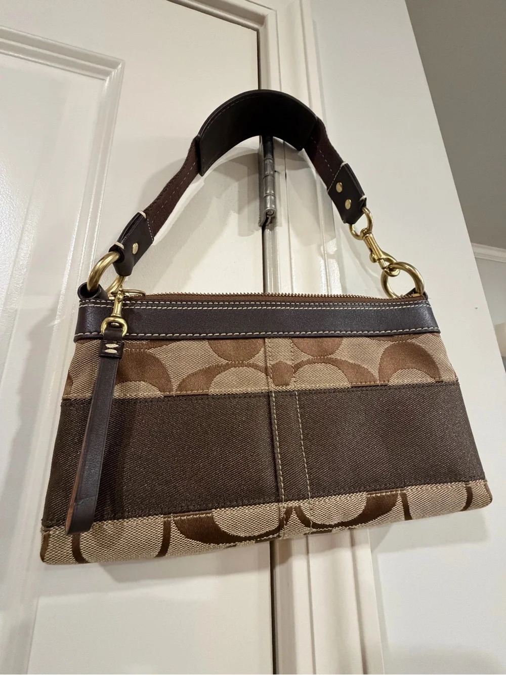 Coach Brown Signature Canvas Shoulder Bag with Gold Hardware